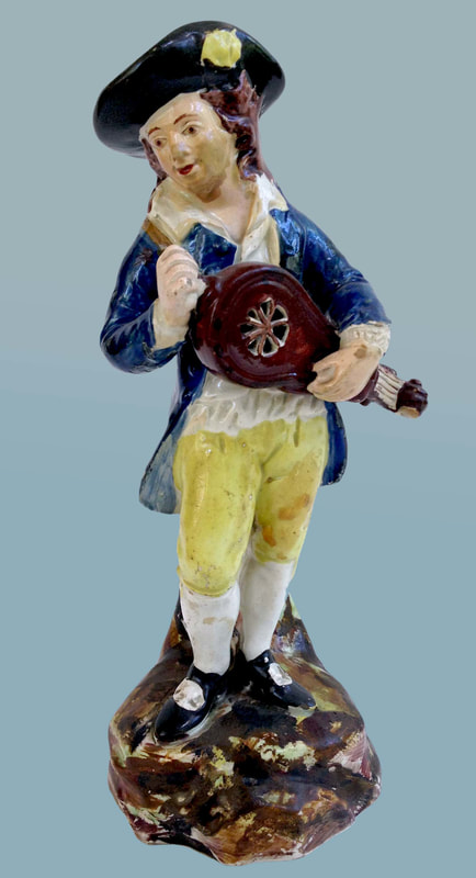 antique Staffordshire pottery, antique Staffordshire figure, pearlware, Flemish Music, Ralph Wood, Myrna Schkolne