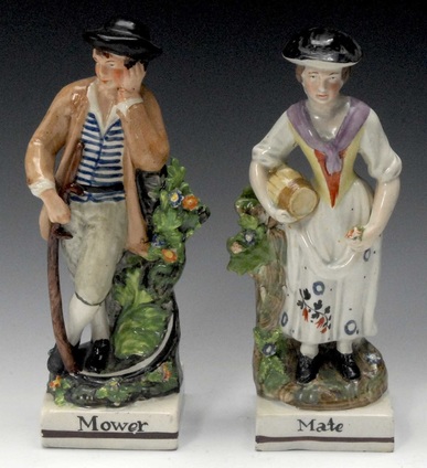 antique Staffordshire pottery figure, pearlware figure, Dudson, bocage figure, mower, hay maker, Myrna Schkolne
