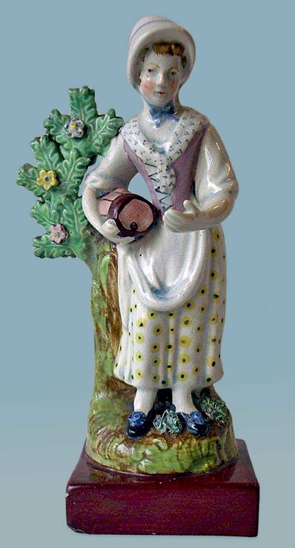 antique Staffordshire pottery figure, pearlware figure, , bocage, mower, hay maker, Myrna SchkolnePicture