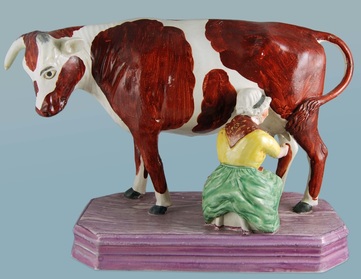 antique Staffordshire pottery figure, pearlware figure, bocage figure, Myrna Schkolne, Staffordshire cow