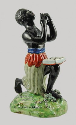 Staffordshire figure pottery, Myrna Schkolne, pearlware figure, creamware, bocage figure, antique Staffordshire pottery, emancipation of slavery, British slave, English slave trade, abolition of slavery, WIllaim Hackwood, Am I not a man and a brother?