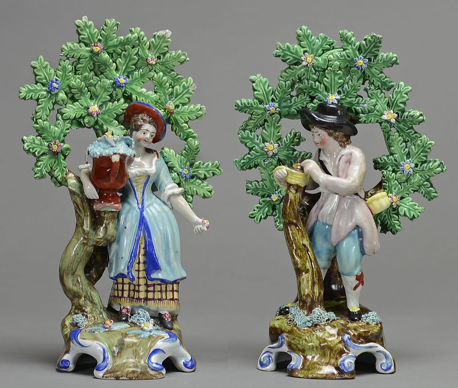 antique Staffordshire pottery, antique Staffordshire figure, pearlware figure, Myrna Schkolne, gardener figure, bocage