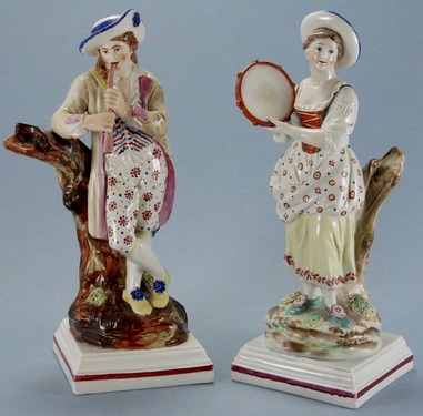 Staffordshire figure, pearlware figure, antique Staffordshire pottery, bocage, pearlware, Neale& Co, tambourine, piper, Myrna Schkolne