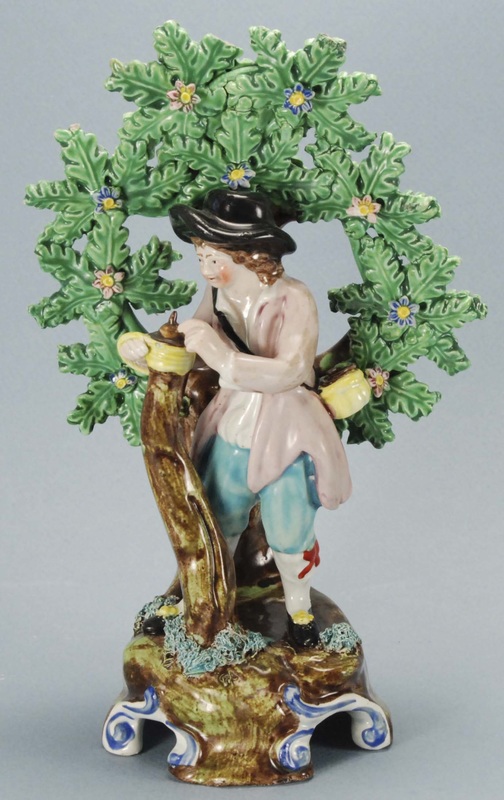 Staffordshire figure, pearlware figure, Staffordshire pottery figure, Pratt ware, under glaze, Ralph Wood, Myrna Schkolne, bocage figure, gardener
