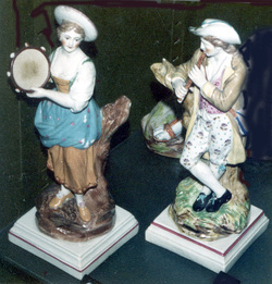 Staffordshire figure, pearlware figure, antique Staffordshire pottery, bocage, pearlware, Neale& Co, piper, tambourine, Myrna Schkolne