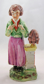 antique Staffordshire figure, Staffordshire pottery, pearlware figure, Staffordshire pottery figure, bocage figure, creamware, early Staffordshire figure, Myrna Schkolne,  London barber