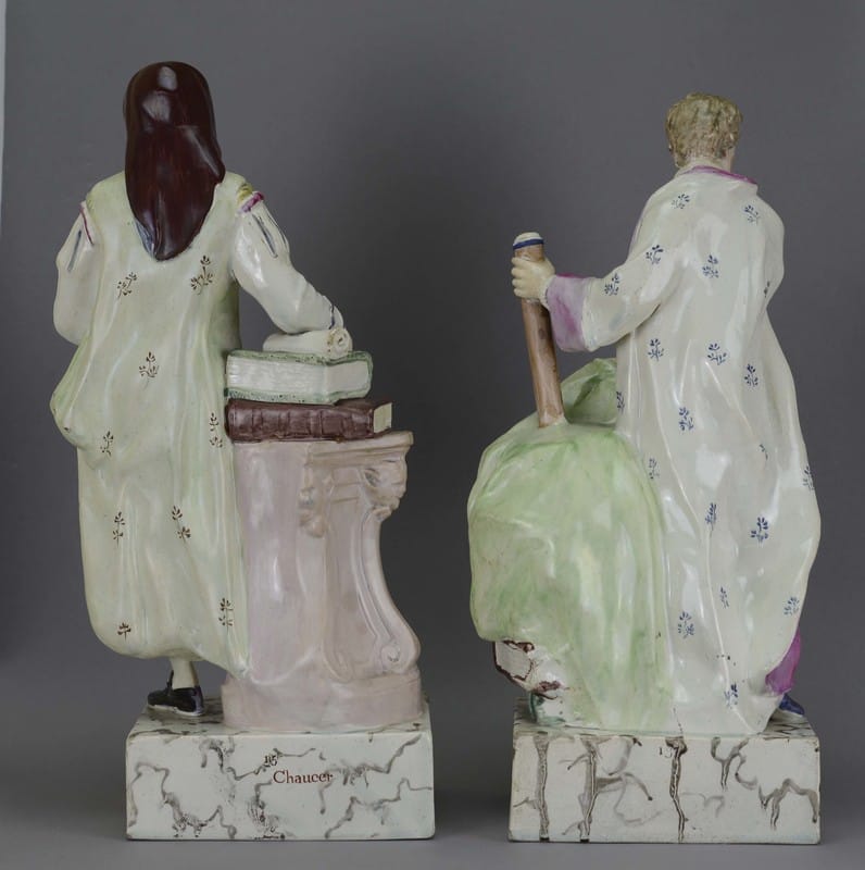 antique Staffordshire pottery, pearlware figure, antique Staffordshire figure, Newton, Chaucer, Ralph Wood figure, Myrna Schkolne