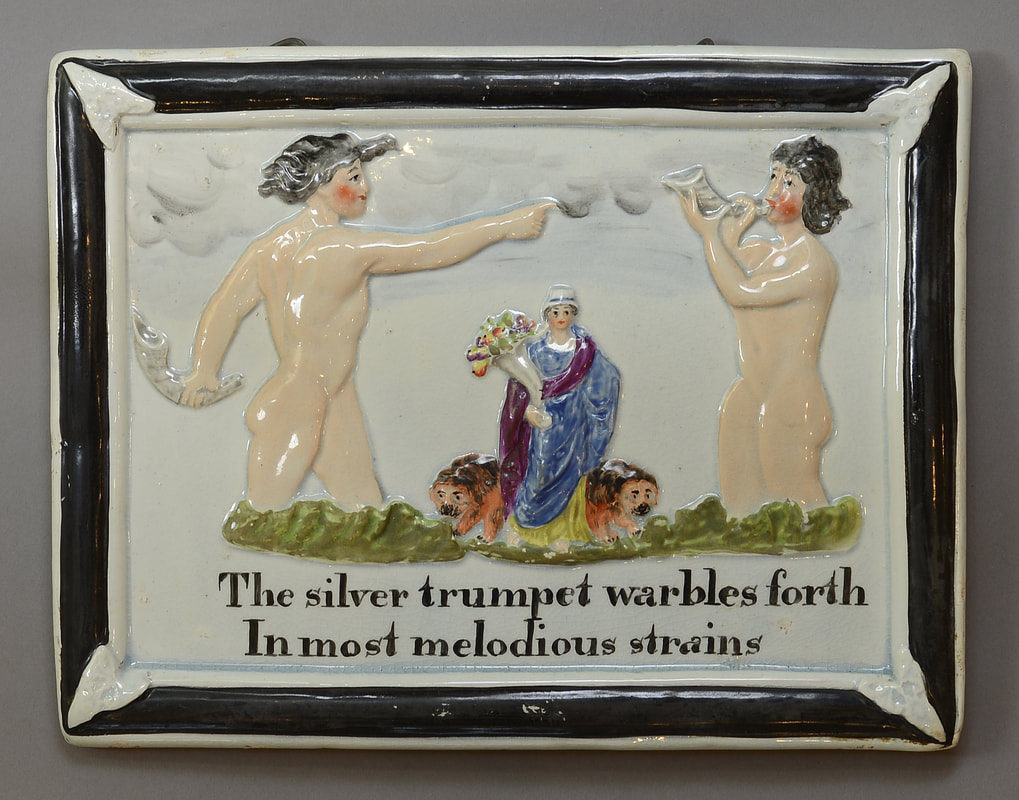 antique Staffordshire pottery, pearlware, plaque, Cybele, silver trumpet warbles forth, Myrna Schkolne