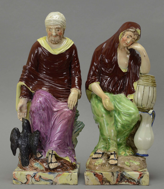 antique Staffordshire figure, antique Staffordshire pottery, Staffordshire figure, Lakin & Poole, Elijah and Widow,  Myrna Schkolne, pearlware figure