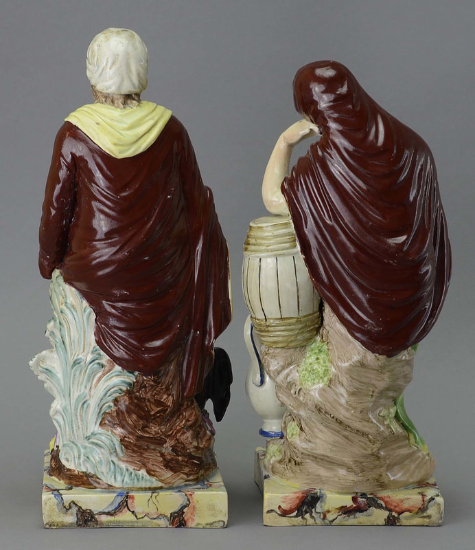 antique Staffordshire figure, antique Staffordshire pottery, Staffordshire figure, Lakin & Poole, Elijah and Widow,  Myrna Schkolne, pearlware figure