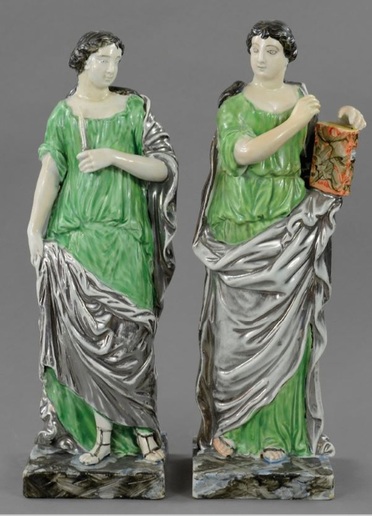 pearlware figure, early Staffordshire figure, bocage, Myrna Schkolne, Calliope, silver luster, silver lustre, muse