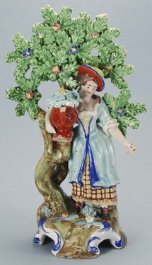 Staffordshire figure, pearlware figure, antique Staffordshire pottery, bocage, pearlware, deer, Myrna Schkolne, Staffordshire gardener lady