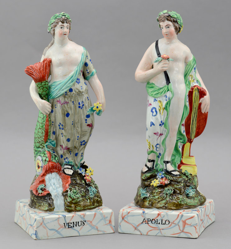 antique Staffordshire pottery, Staffordshire figure, pearlware figure, Venus, Apollo, Myrna Schkolne