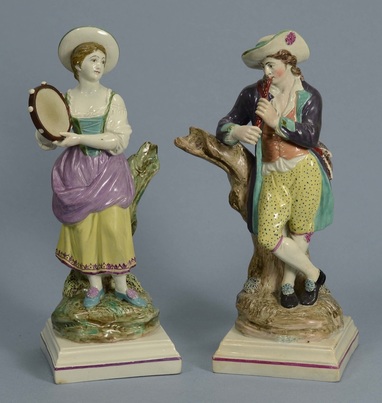 Staffordshire figure, pearlware figure, antique Staffordshire pottery, Neale & Co., piper, tambourine, pearlware, Myrna Schkolne