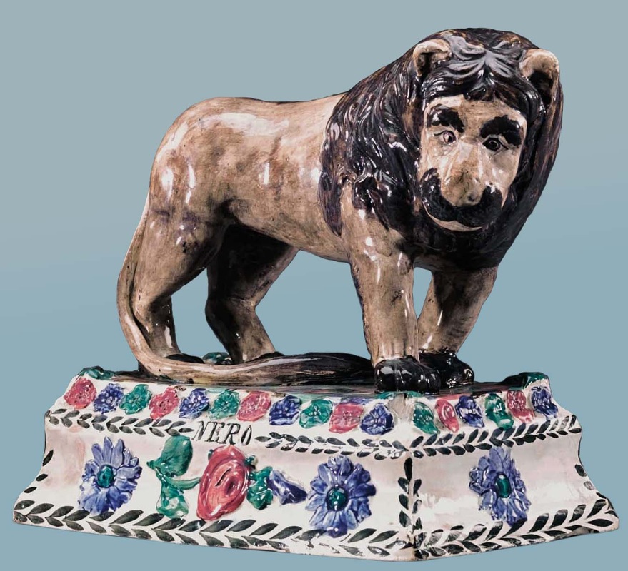 pearlware figure, early Staffordshire figure, bocage, Myrna Schkolne, Nero, lion, Wallace and Nero, George Wombwell, menagerie lions