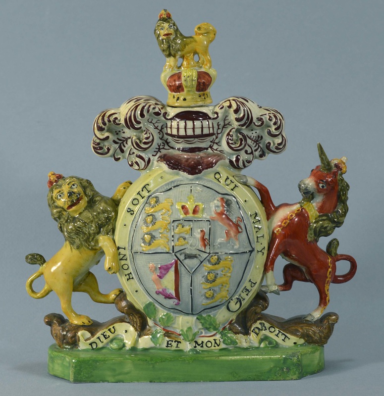 Myrna Schkolne pearlware  figure, Staffordshire  spill vase, Staffordshire figure, Staffordshire pottery,  royal coat of arms armorial