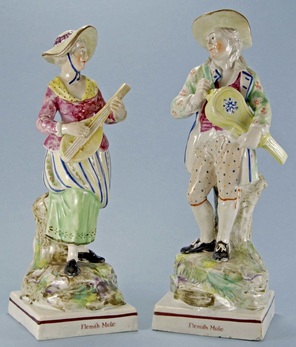 Staffordshire figure, pearlware figure, Staffordshire pottery figure, Pratt ware, under glaze, Ralph Wood, Myrna Schkolne, Flemish Music