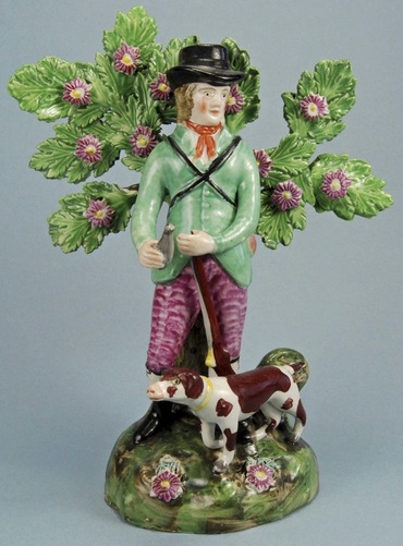 Staffordshire figure, pearlware figure, Staffordshire, bocage, pearlware, creamware, Myrna Schkolne, sportsman, dog, John Dale