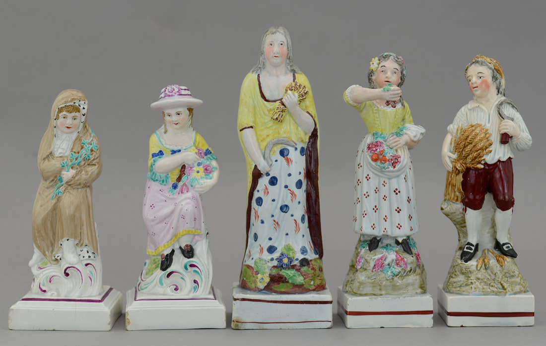 antique staffordshire pottery, Staffordshire figure, pearlware figure, Spring, Autumn, Winter, Seasons figure, Myrna Schkolne