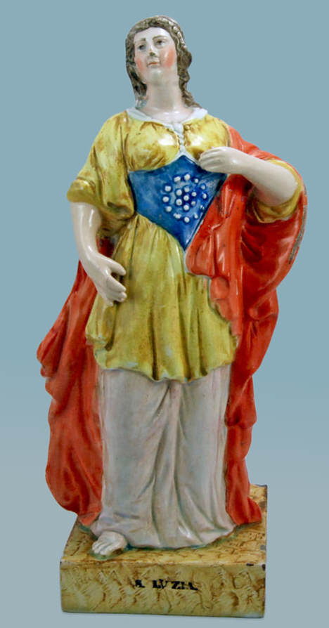 antique Staffordshire figure, Enoch Wood, religious Staffordshire figure, Staffordshire for Portugal, antique Staffordshire pottery, pearlware figure, Myrna Schkolne, St. Lucy, Luzia