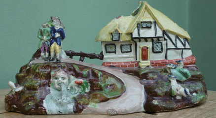 antiques Staffordshire figure, antique Staffordshire pottery, pearlware, bocage, Myrna Schkolne, cottage, Sherratt
