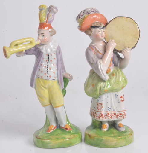 antique Staffordshire pottery, pearlware figures, showman, musician, tambourine, bugle,, Myrna Schkolne,  