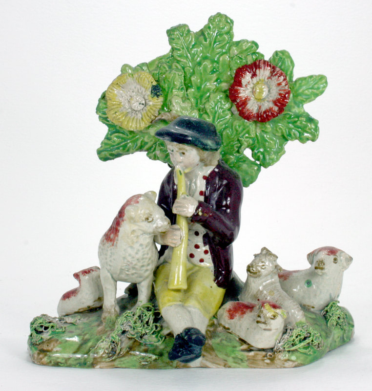 Pictureantique Staffordshire, antique Staffordshire figure, pearlware figure, bocage figure, Big Blossom Group, musician, Myrna Schkolne
