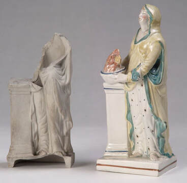 antique Staffordshire figure, pearlware figure, Staffordshire pottery,  Enoch Wood, Medea, Myrna Schkolne