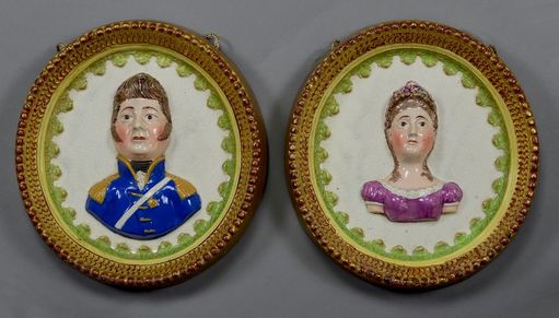 antique Staffordshire figure, antique Staffordshire pottery, pearlware plaque, Princess Charlotte, Prince Leopold, Charlotte and Leopold