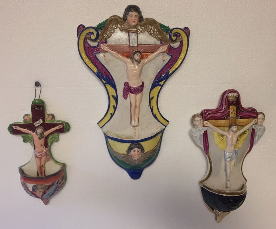 antique Staffordshire, antique Staffordshire figure, Staffordshire pottery, pearlware figure, stoup, crucifixion, Myrna Schkolne