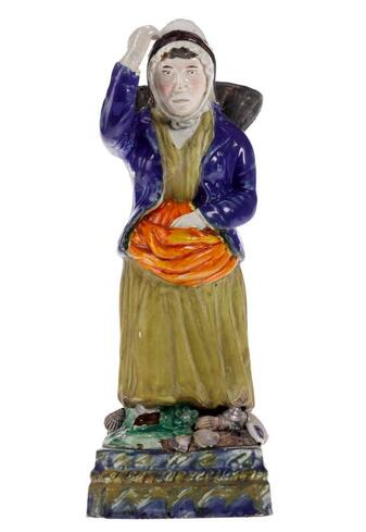 antique Staffordshire, lead-glazed potter, Scottish pottery figure, Scottish fishwife, Myrna Schkolne