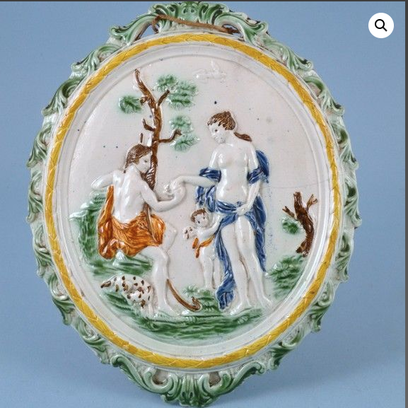 antique Staffordshire pottery, pearlware plaque, plaque, Cromwell, King Charles, Galatea, Eris, Judgment of Paris, mythology, Myrna Schkolne