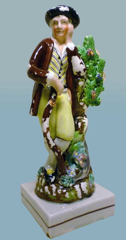 antique Staffordshire pottery figure, pearlware figure, bocage, mower, hay maker, Myrna SchkolnePicture