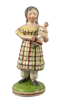 antique Staffordshire figure, Staffordshire pottery, pearlware figure, Staffordshire pottery figure, bocage figure, creamware, early Staffordshire figure, Myrna Schkolne,  girl with doll