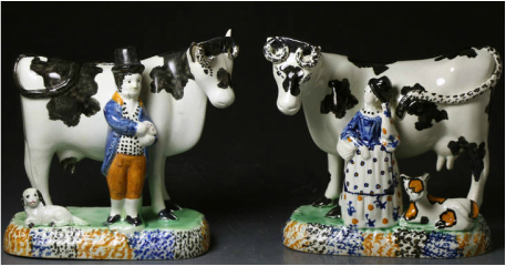 antique Staffordshire pottery figure, pearlware figure, bocage figure, Myrna Schkolne, Staffordshire cow
