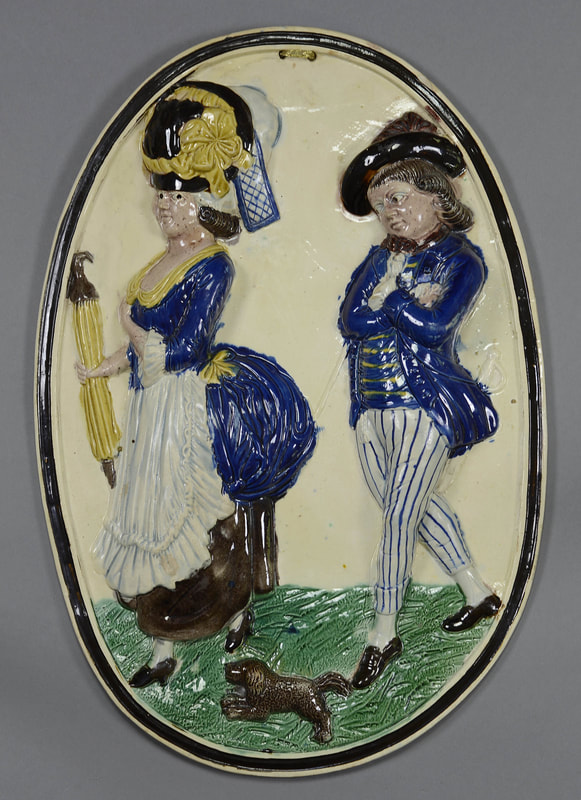Ralph Wood plaque, antique English pottery, running glazes, colored glazes, Patrician and her Lover, Jack on a Cruise, pearlware plaque, Ralph  Wood, Myrna Schkolne