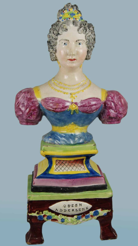 antique Staffordshire pottery, Staffordshire figure, bust, pearlware, Sherratt, King William, Queen Adelaide, bust, Myrna Schkolne
