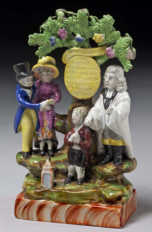 Staffordshire figure, pearlware figure, Staffordshire, pearlware, bocage, Myrna Schkolne, Staffordshire Figures 1780-1840, New Marriage Act, wedding, bocage