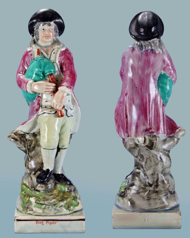 pearlware figure, early Staffordshire figure, Staffordshire pottery figure, bocage figure, bag piper, Ralph Wood, Myrna Schkolne