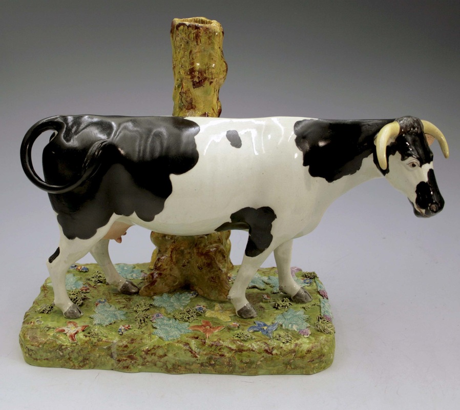 Staffordshire figure, pearlware figure, Staffordshire, bocage, pearlware, creamware, Myrna Schkolne, cow, Enoch Wood, Wood & Caldwell