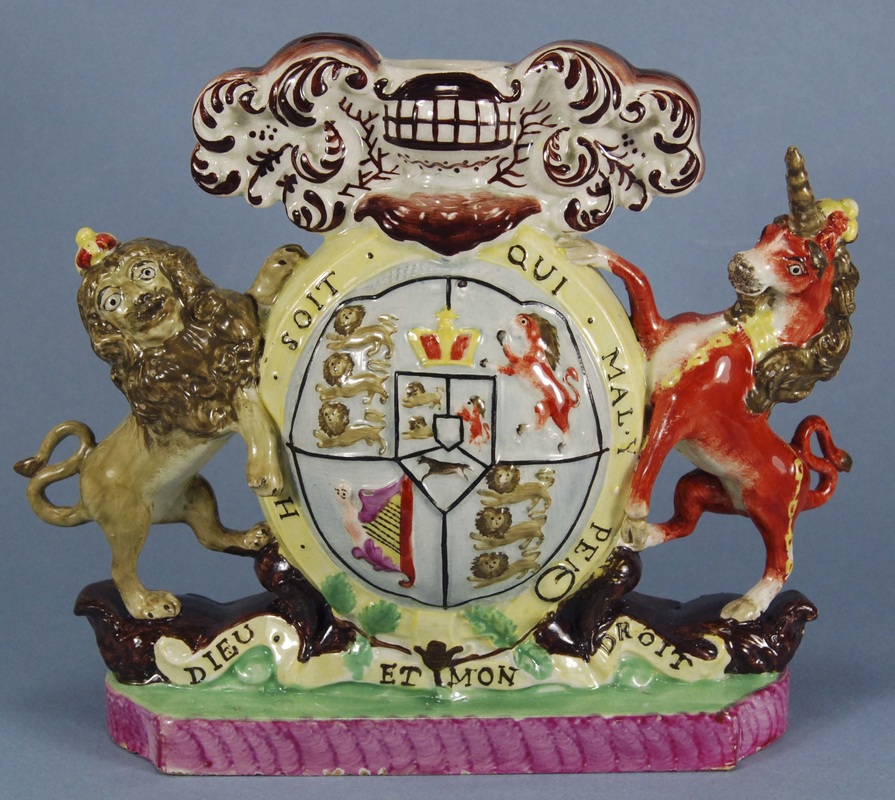 yrna Schkolne pearlware  figure, Staffordshire  spill vase, Staffordshire figure, Staffordshire pottery,  royal coat of arms armorial