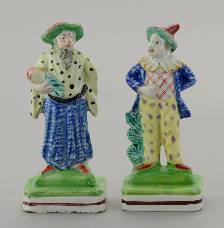 staffordshire figure, pearlware figure, early Staffordshire figures, Staffordshire pottery, clown, turk, Myrna Schkolne