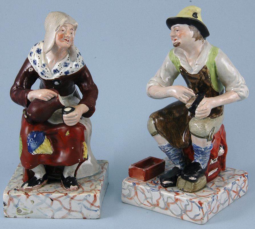 staffordshire figure, pearlware figure, Jobson, Nell, cobbler, Myrna Schkolne, Tournay, Tournai, antique Staffordshire figure, creamware figure