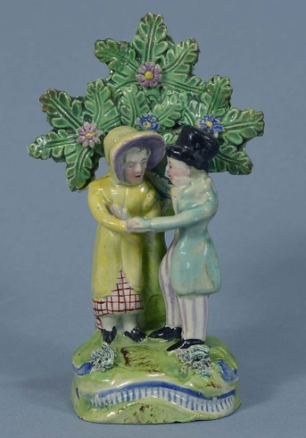 Staffordshire figure, pearlware figure, Staffordshire, pearlware, bocage, Myrna Schkolne, Staffordshire Figures 1780-1840, New Marriage Act, wedding, bocage, dandies