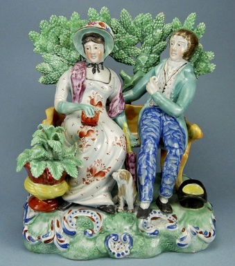 Staffordshire figure, pearlware figure, Perswaition, persuasion, antique staffordshire pottery, bocage figure, Myrna Schkolne