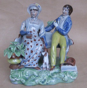 antique Staffordshire pottery Staffordshire figure, pearlware figure, Perswaition, persuasion, antique staffordshire pottery, bocage figure, Myrna Schkolne