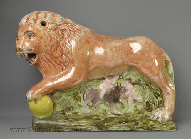 antique Staffordshire, antique Staffordshire figure, pearlware figure, Myrna Schkolne, lion, putti