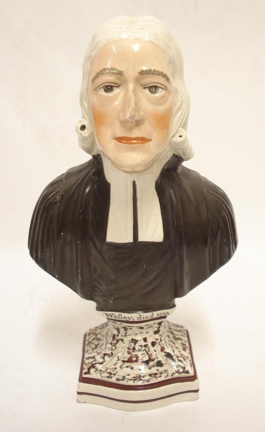 antique Staffordshire pottery, antique Staffordshire figure, antique Staffordshire bust, Rev. John Wesley, pearlware bust, Rev. John Wesley, Myrna Schkolne