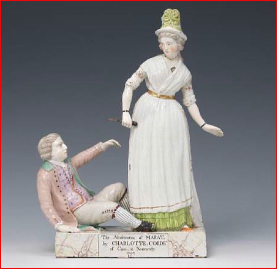 antique Staffordshire figure, Staffordshire pottery, Lakin & Poole, Death of Marat, Charlotte Corde, Myrna Schkolne