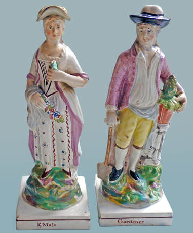 early Staffordshire figure, antique Staffordshire pottery, Staffordshire figure, Myrna Schkolne, Ralph Wood, gardeners
